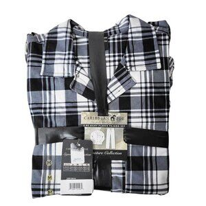 Men's Black White Plaid 2Pc Fleece Pajama PJ Sleepwear Loungewear Set Size M